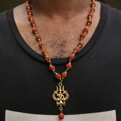 Hindu Gold Plated Rudraksha OM Shiva Trishool Necklace