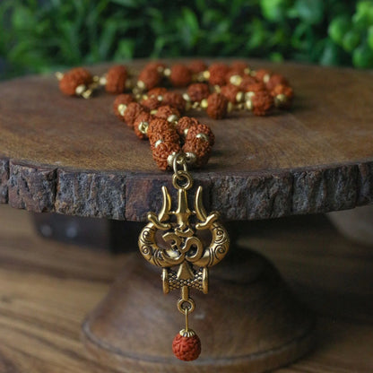 Hindu Gold Plated Rudraksha OM Shiva Trishool Necklace